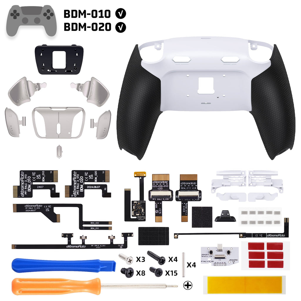 eXtremeRate Real Metal Buttons (RMB) Version RISE4 Plus MAX Back Paddles Kit with Clicky Trigger Stops & Rubberized Grip for PS5 Controller BDM-010/020 - White Black - Silver eXtremeRate