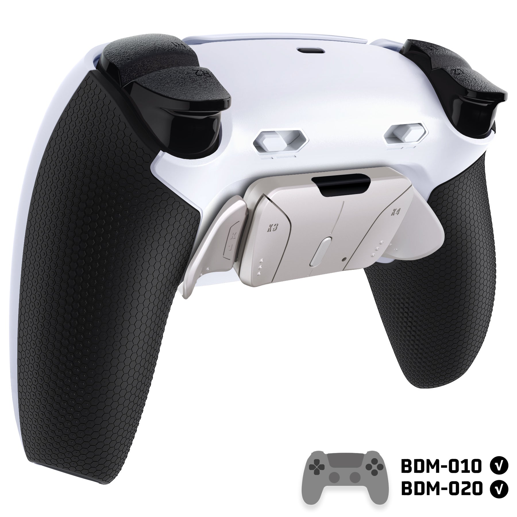 eXtremeRate Real Metal Buttons (RMB) Version RISE4 Plus MAX Back Paddles Kit with Clicky Trigger Stops & Rubberized Grip for PS5 Controller BDM-010/020 - White Black - Silver eXtremeRate