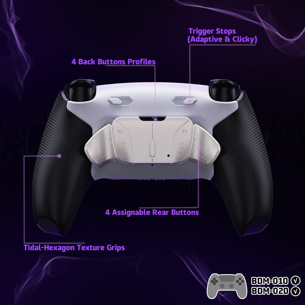 eXtremeRate Real Metal Buttons (RMB) Version RISE4 Plus MAX Back Paddles Kit with Clicky Trigger Stops & Rubberized Grip for PS5 Controller BDM-010/020 - White Black - Silver eXtremeRate