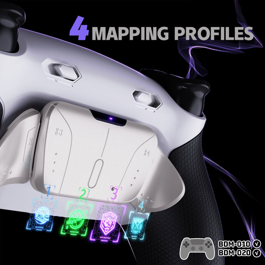 eXtremeRate Real Metal Buttons (RMB) Version RISE4 Plus MAX Back Paddles Kit with Clicky Trigger Stops & Rubberized Grip for PS5 Controller BDM-010/020 - White Black - Silver eXtremeRate