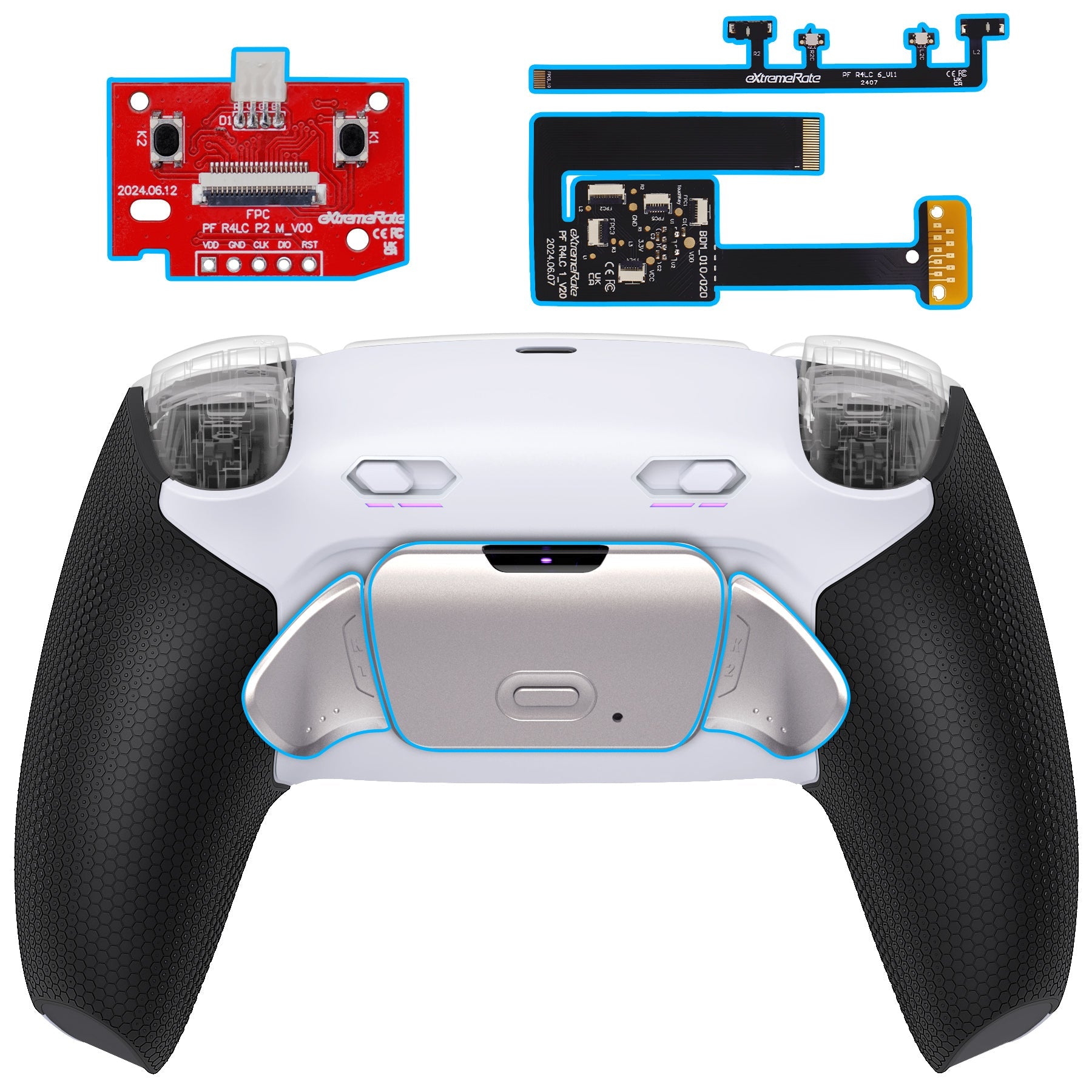 eXtremeRate Real Metal Buttons (RMB) Version RISE Plus MAX Back Paddles Kit with Clicky Trigger Stops & Rubberized Grip for PS5 Controller BDM-010/020 - White Black - Silver eXtremeRate