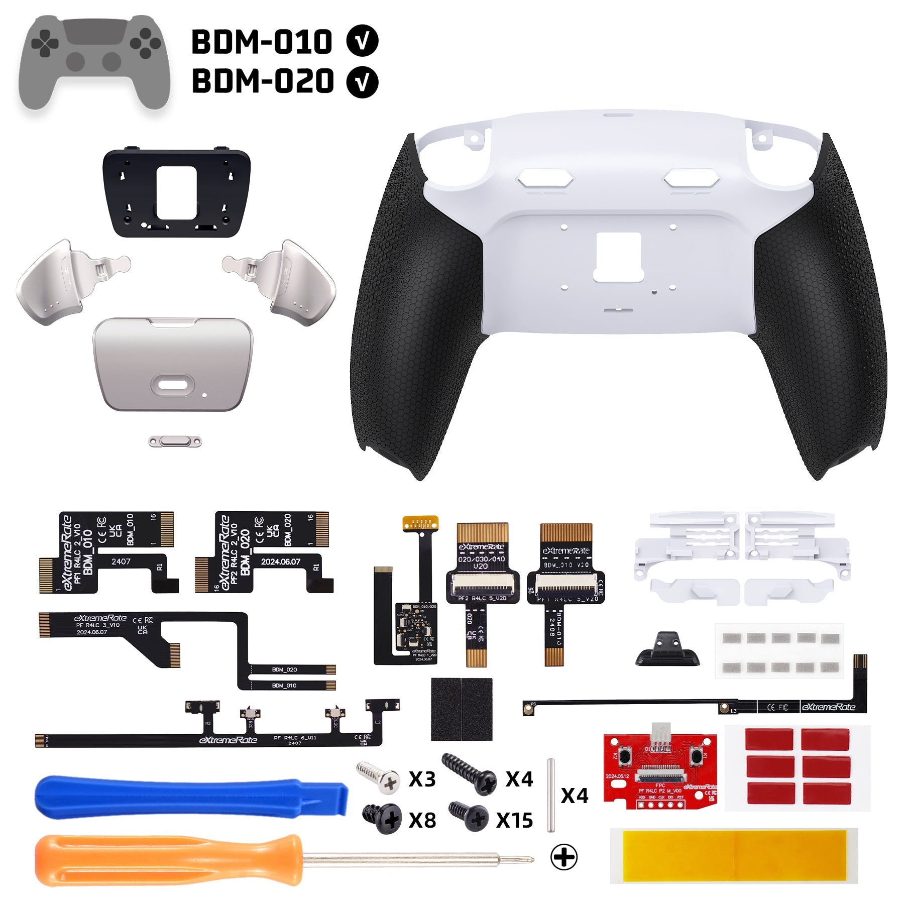 eXtremeRate Real Metal Buttons (RMB) Version RISE Plus MAX Back Paddles Kit with Clicky Trigger Stops & Rubberized Grip for PS5 Controller BDM-010/020 - White Black - Silver eXtremeRate