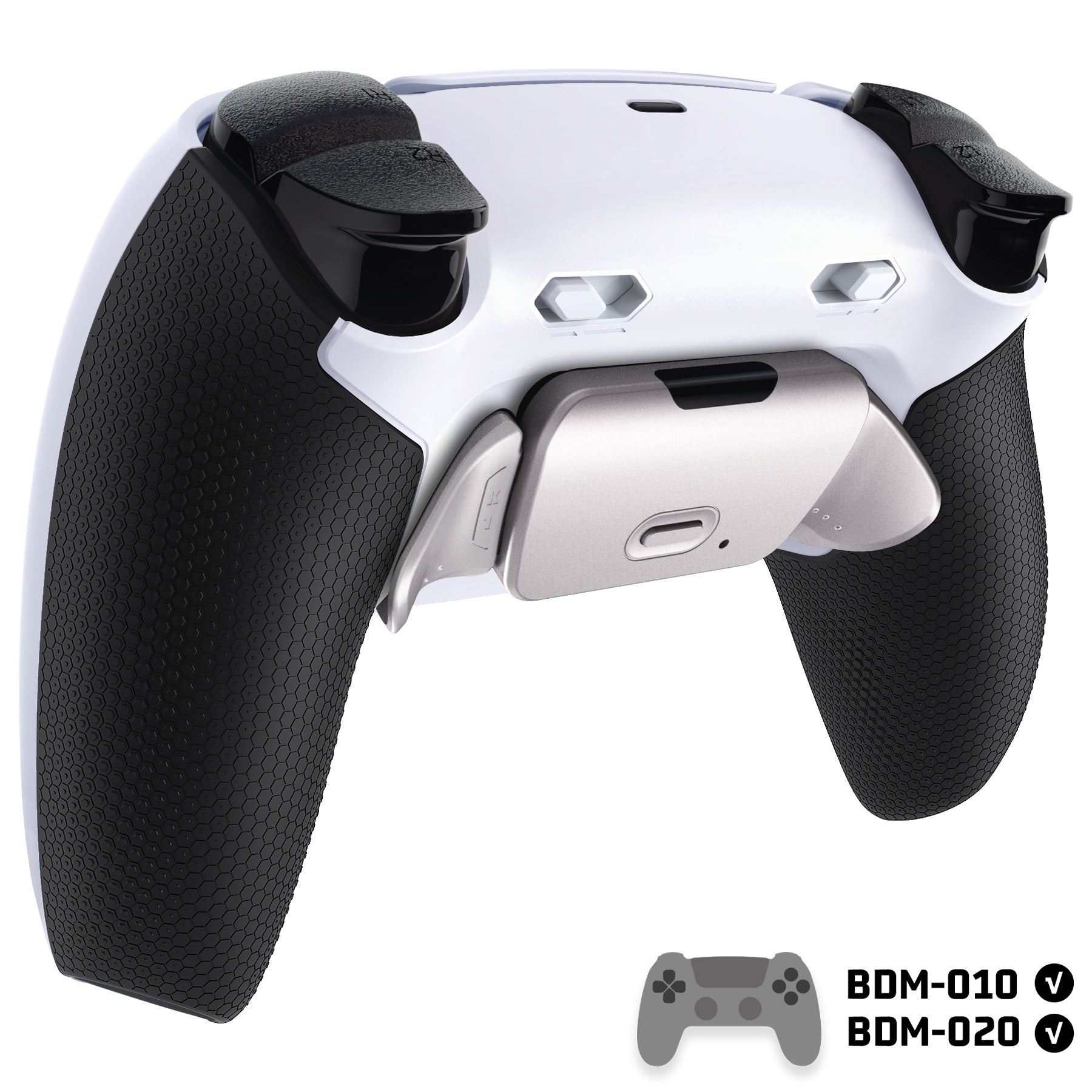 eXtremeRate Real Metal Buttons (RMB) Version RISE Plus MAX Back Paddles Kit with Clicky Trigger Stops & Rubberized Grip for PS5 Controller BDM-010/020 - White Black - Silver eXtremeRate