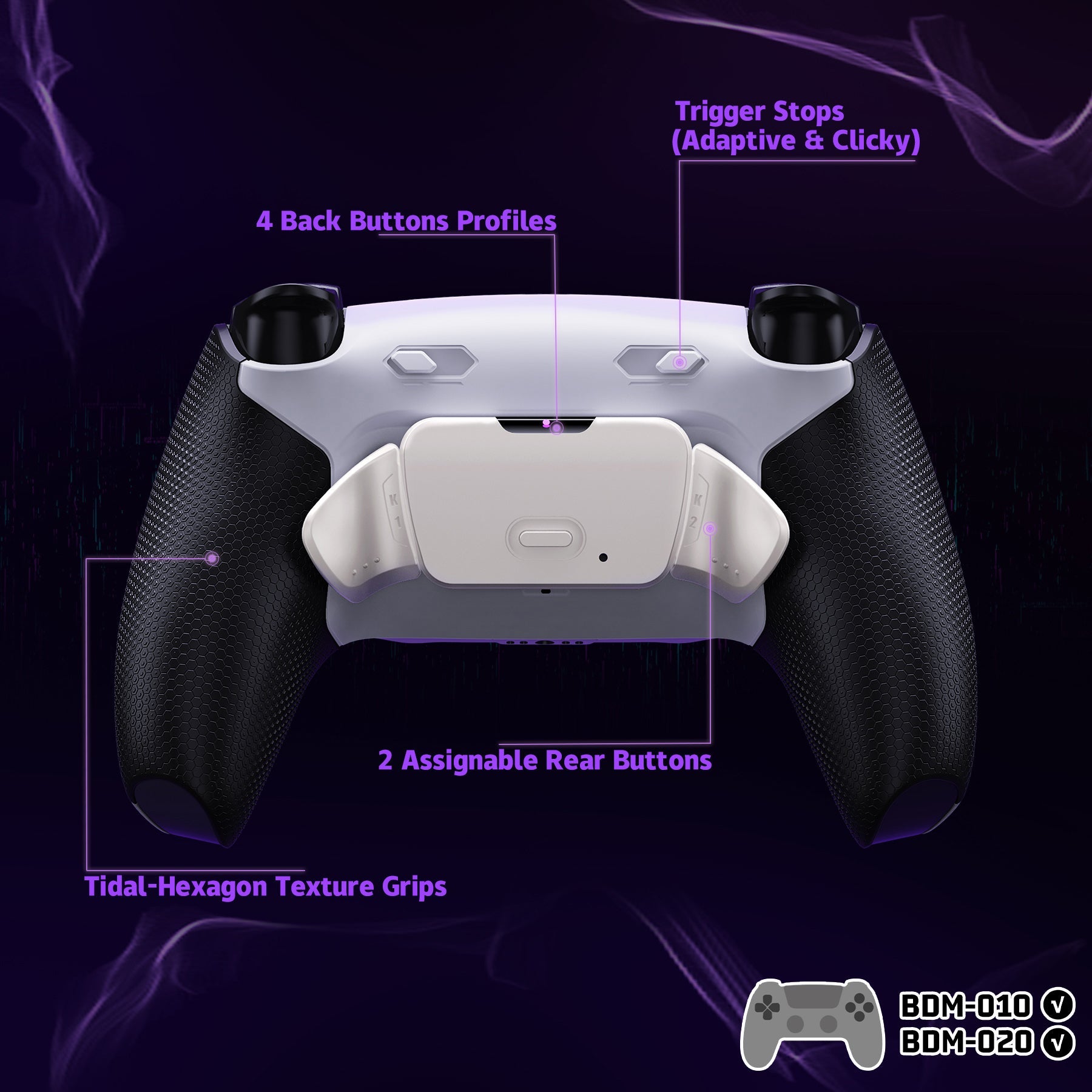 eXtremeRate Real Metal Buttons (RMB) Version RISE Plus MAX Back Paddles Kit with Clicky Trigger Stops & Rubberized Grip for PS5 Controller BDM-010/020 - White Black - Silver eXtremeRate