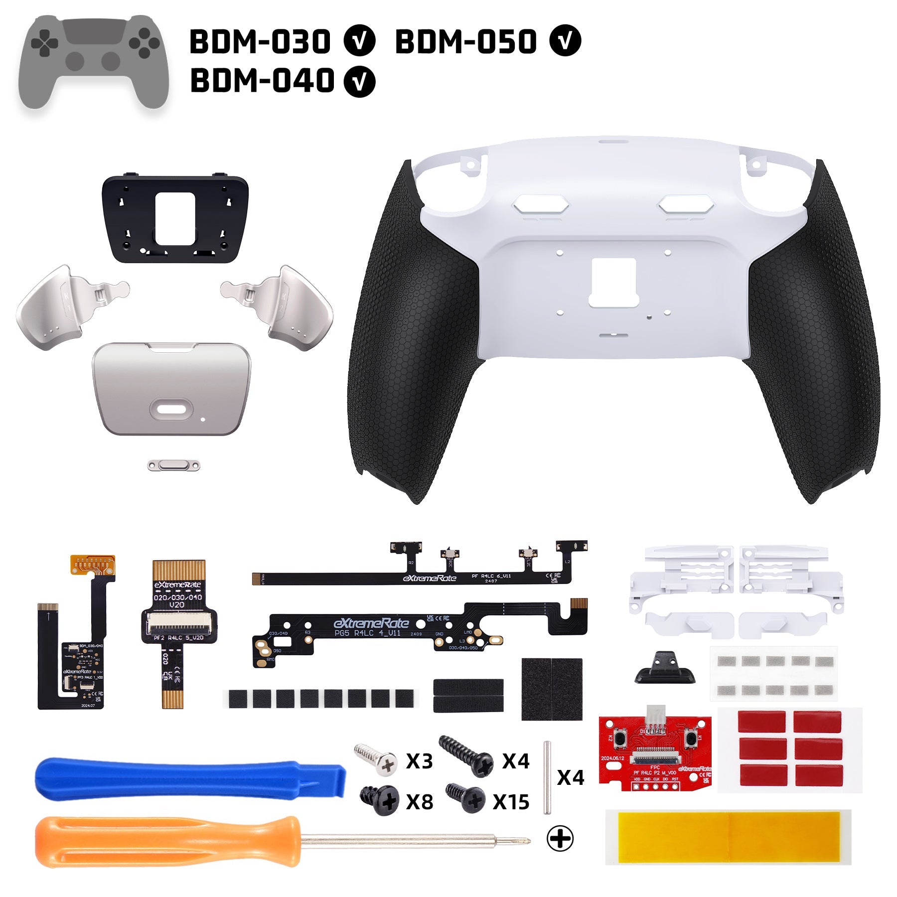 eXtremeRate Real Metal Buttons (RMB) Version RISE Plus MAX Back Paddles Kit with Clicky Trigger Stops & Rubberized Grip for PS5 Controller BDM-030/040/050 - White Black - Silver eXtremeRate