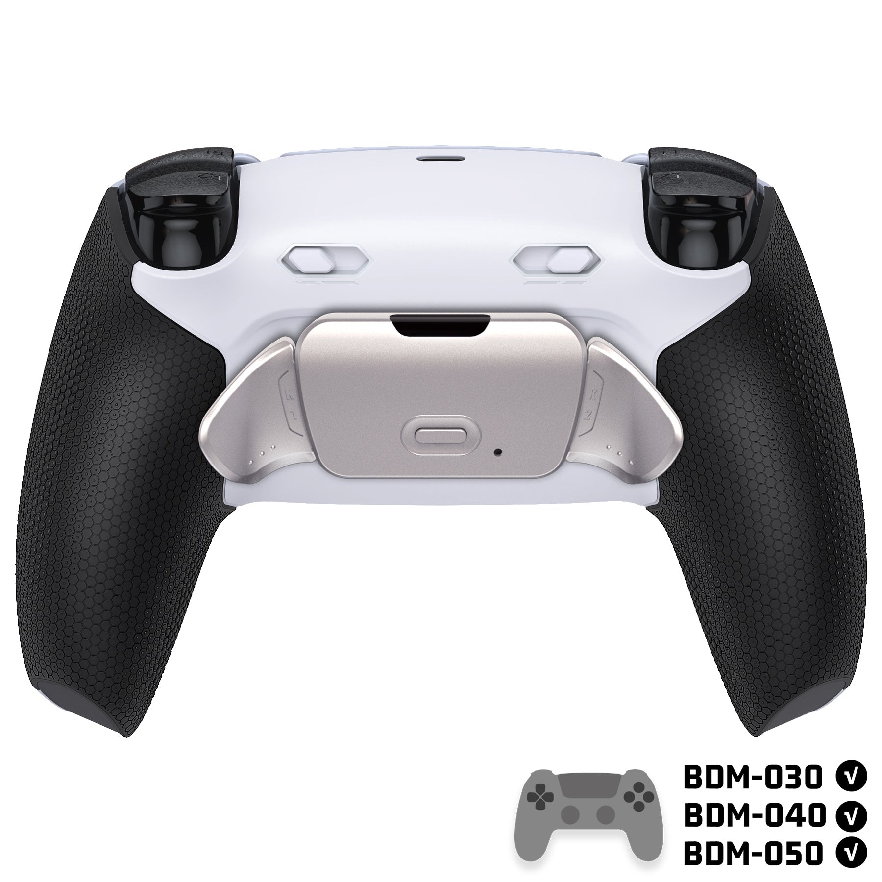 eXtremeRate Real Metal Buttons (RMB) Version RISE Plus MAX Back Paddles Kit with Clicky Trigger Stops & Rubberized Grip for PS5 Controller BDM-030/040/050 - White Black - Silver eXtremeRate