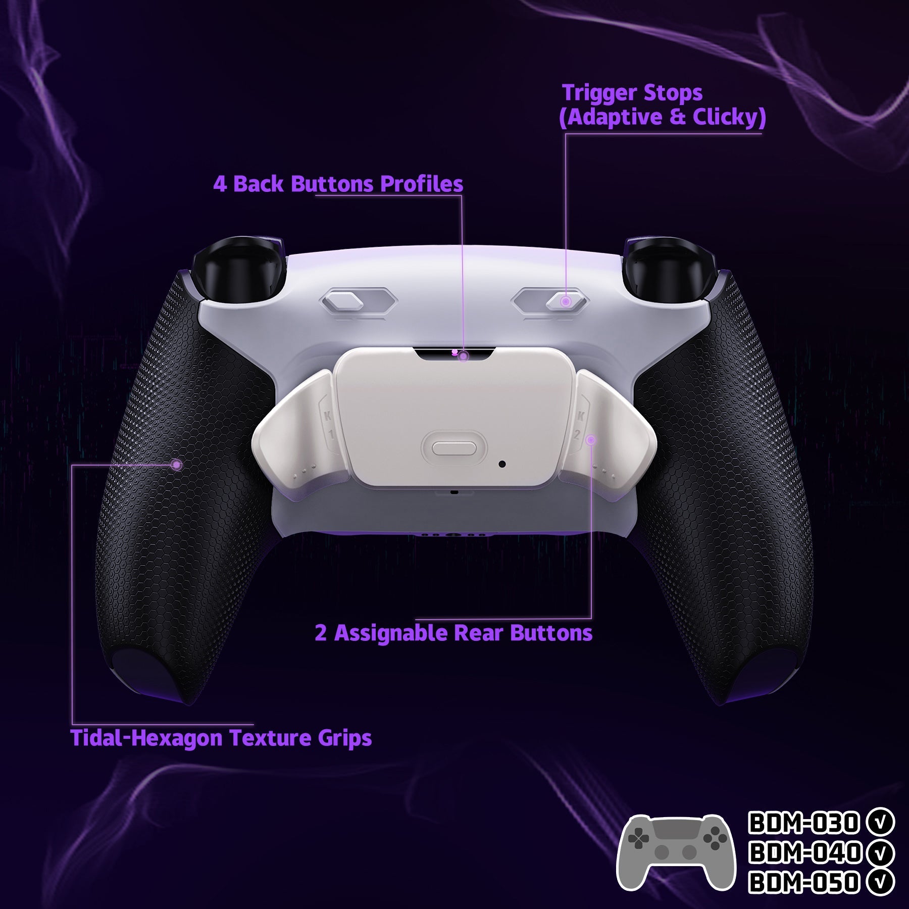 eXtremeRate Real Metal Buttons (RMB) Version RISE Plus MAX Back Paddles Kit with Clicky Trigger Stops & Rubberized Grip for PS5 Controller BDM-030/040/050 - White Black - Silver eXtremeRate