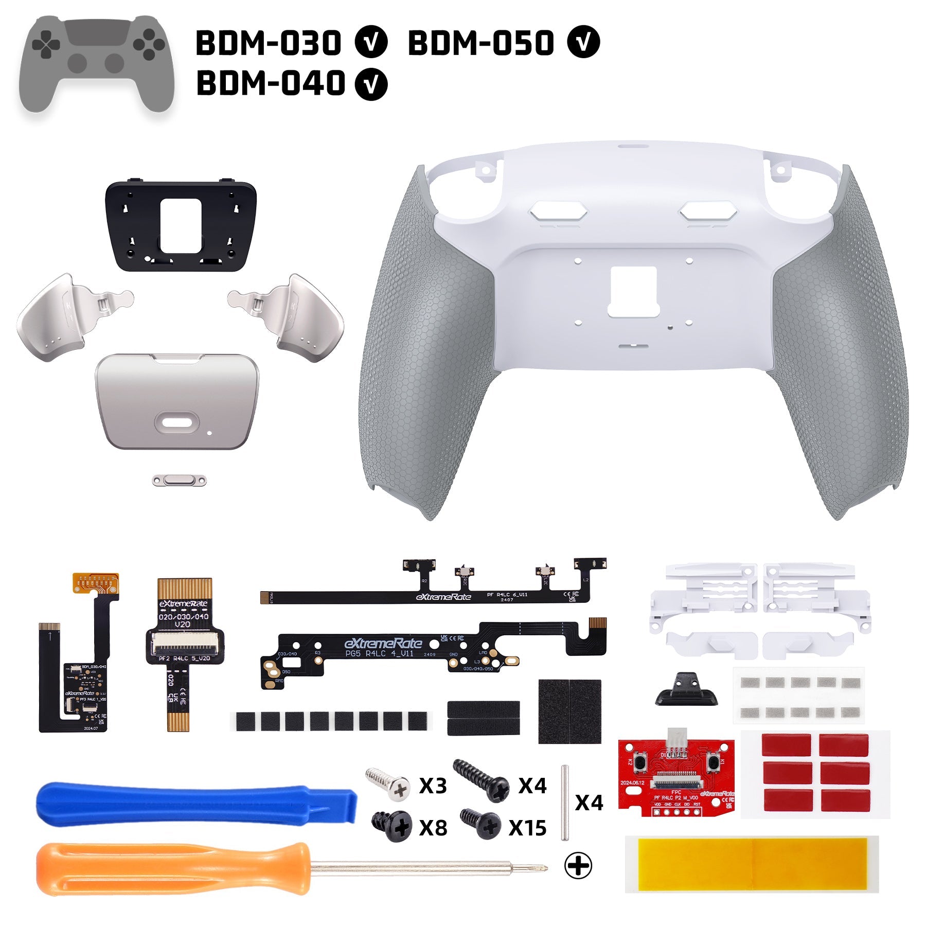 eXtremeRate Real Metal Buttons (RMB) Version RISE Plus MAX Back Paddles Kit with Clicky Trigger Stops & Rubberized Grip for PS5 Controller BDM-030/040/050 - White Gray - Silver eXtremeRate