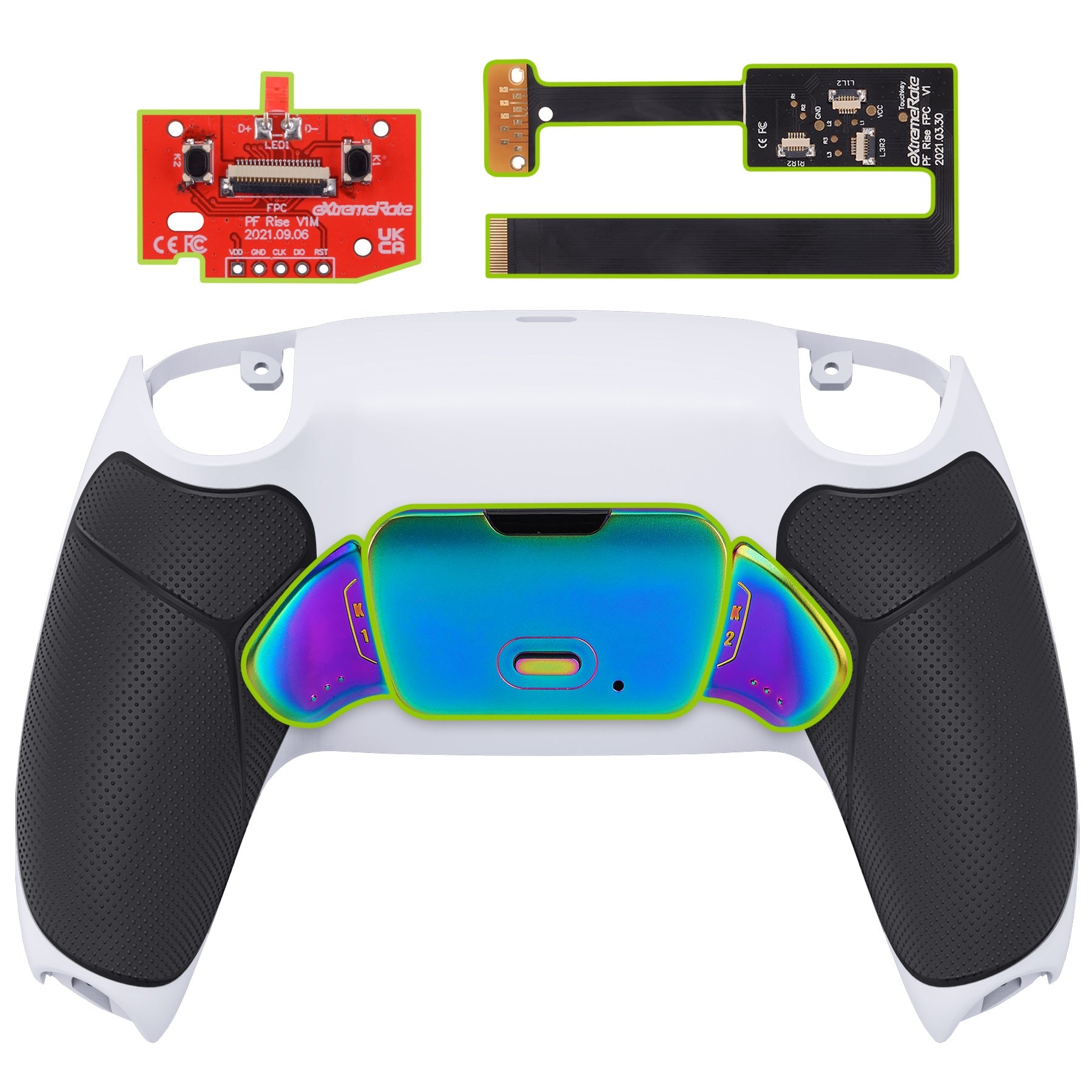 eXtremeRate Rainbow Aura Blue & Purple Real Metal Buttons (RMB) Version RISE 2.0 Remap Kit for PS5 Controller BDM-010/020 - Rubberized White Black eXtremeRate