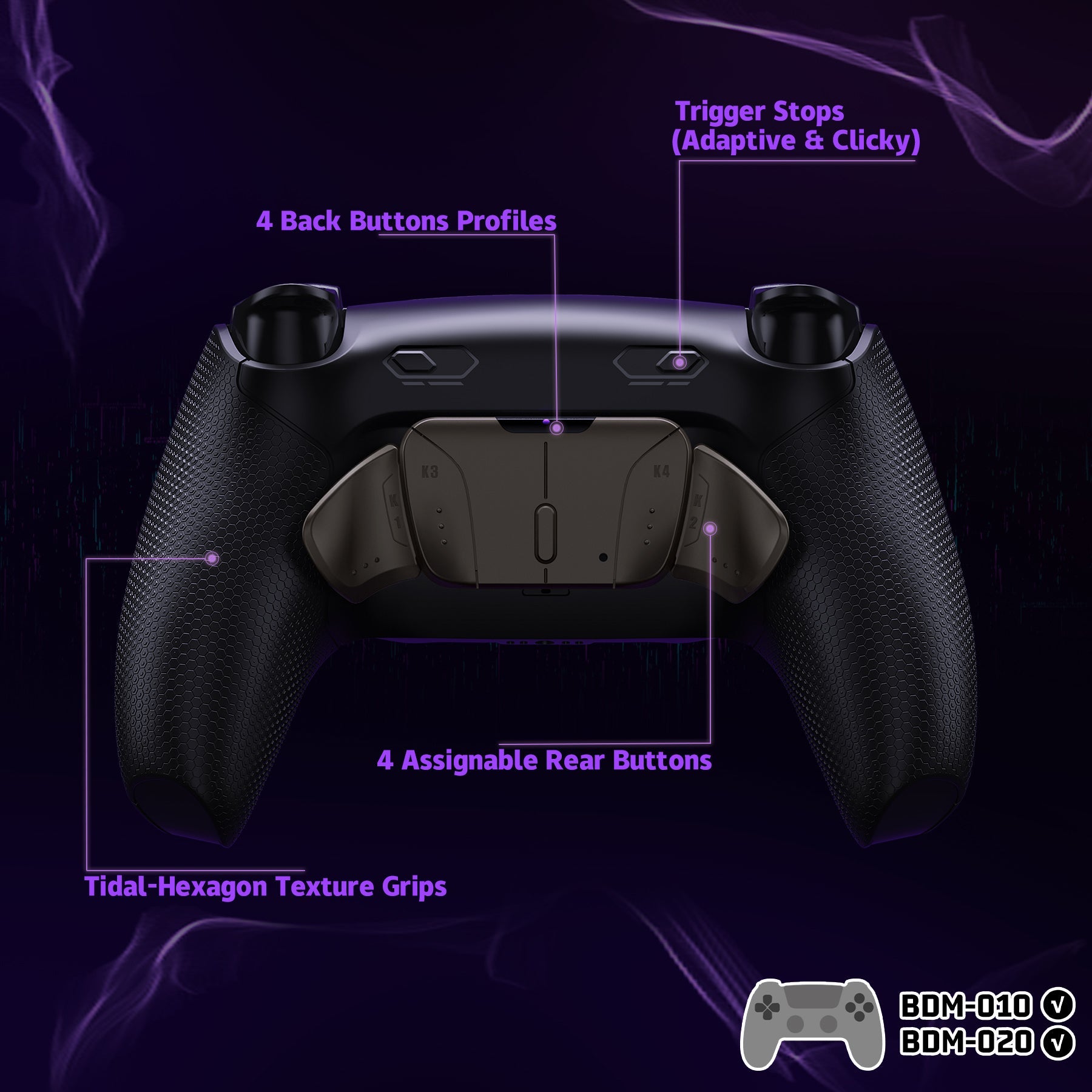 eXtremeRate Real Metal Buttons (RMB) Version RISE4 Plus MAX Back Paddles Kit with Clicky Trigger Stops & Rubberized Grip for PS5 Controller BDM-010/020 - Black eXtremeRate