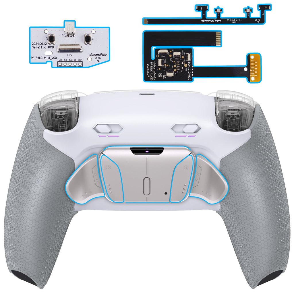 eXtremeRate Real Metal Buttons (RMB) Version RISE4 Plus MAX Back Paddles Kit with Clicky Trigger Stops & Rubberized Grip for PS5 Controller BDM-010/020 - White Gray - Silver eXtremeRate