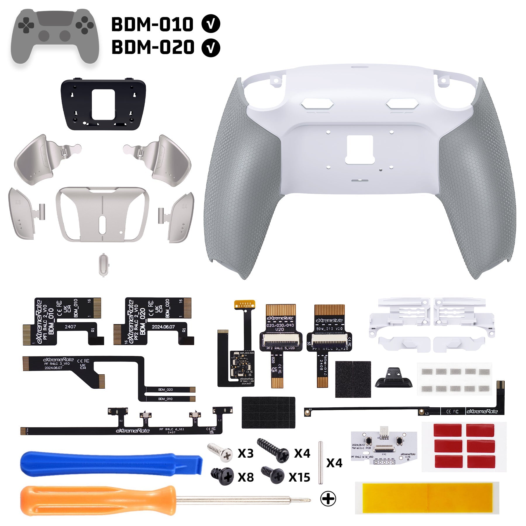 eXtremeRate Real Metal Buttons (RMB) Version RISE4 Plus MAX Back Paddles Kit with Clicky Trigger Stops & Rubberized Grip for PS5 Controller BDM-010/020 - White Gray - Silver eXtremeRate