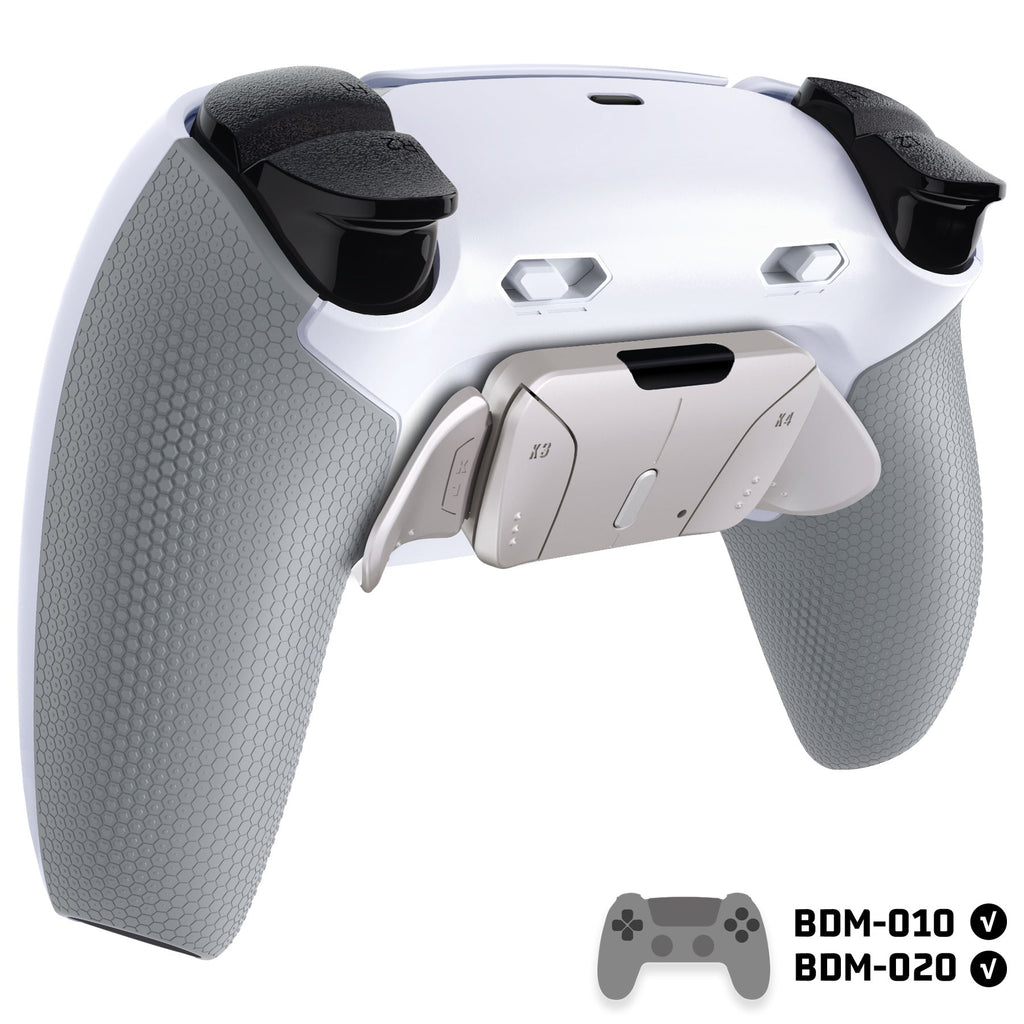 eXtremeRate Real Metal Buttons (RMB) Version RISE4 Plus MAX Back Paddles Kit with Clicky Trigger Stops & Rubberized Grip for PS5 Controller BDM-010/020 - White Gray - Silver eXtremeRate