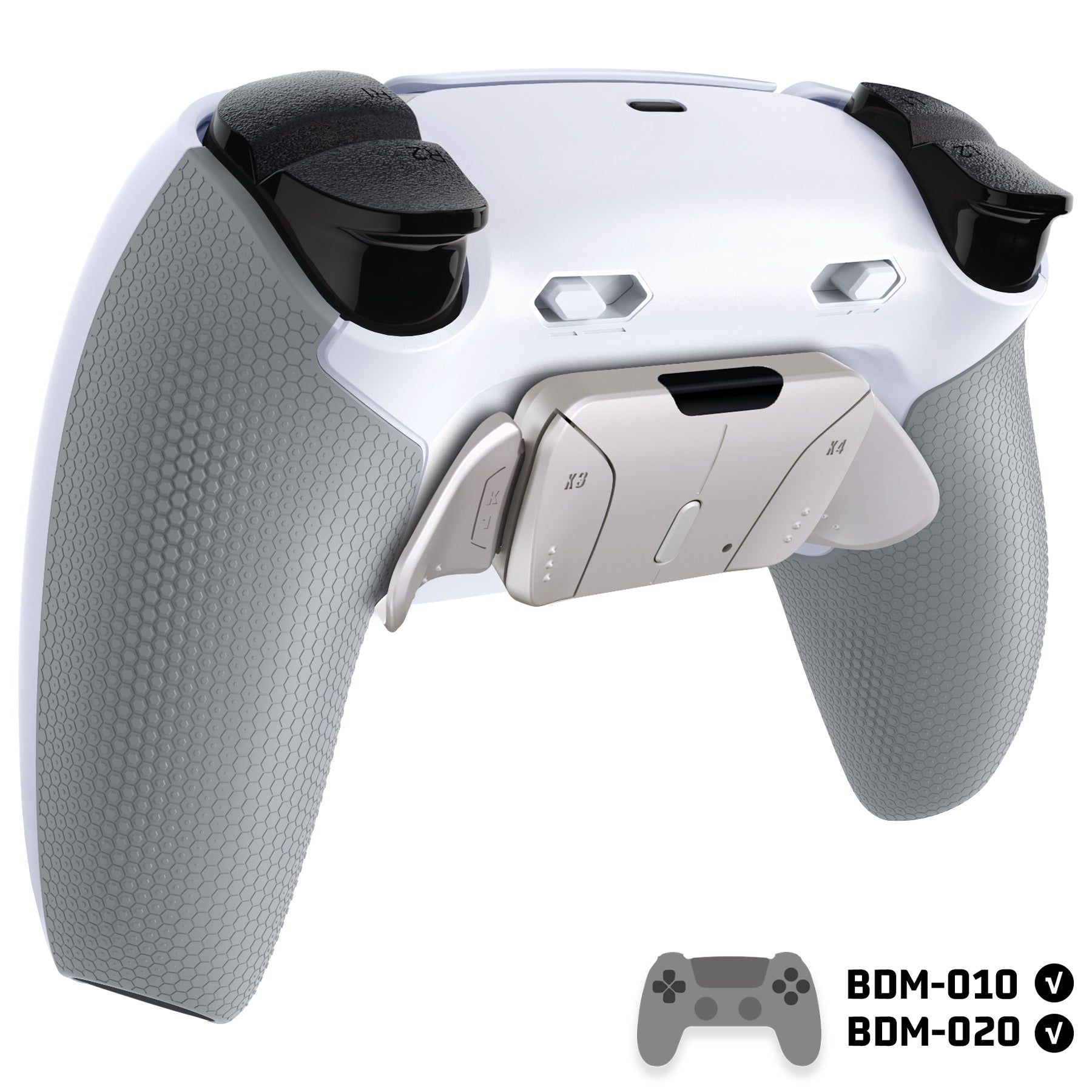 eXtremeRate Real Metal Buttons (RMB) Version RISE4 Plus MAX Back Paddles Kit with Clicky Trigger Stops & Rubberized Grip for PS5 Controller BDM-010/020 - White Gray - Silver eXtremeRate
