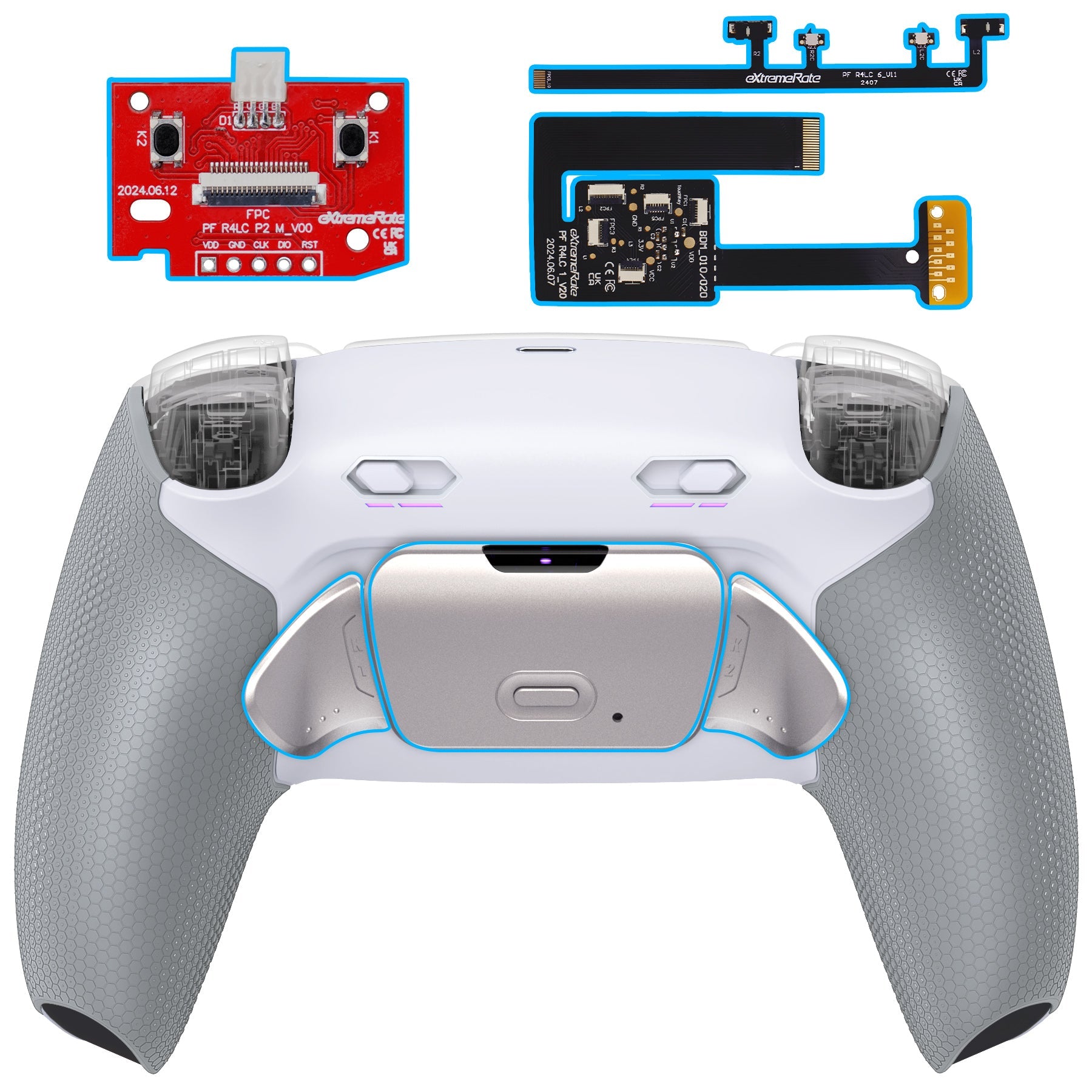 eXtremeRate Real Metal Buttons (RMB) Version RISE Plus MAX Back Paddles Kit with Clicky Trigger Stops & Rubberized Grip for PS5 Controller BDM-010/020 - White Gray - Silver eXtremeRate