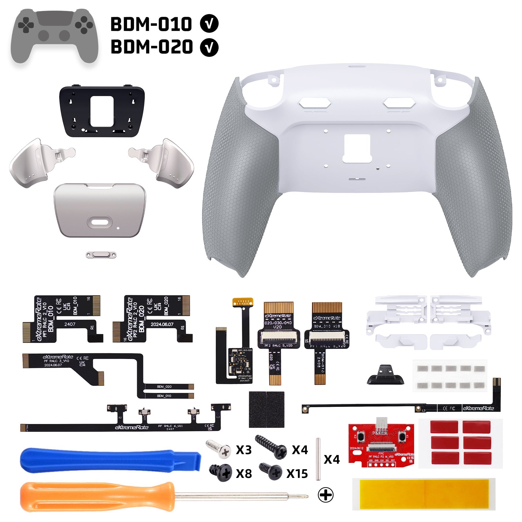 eXtremeRate Real Metal Buttons (RMB) Version RISE Plus MAX Back Paddles Kit with Clicky Trigger Stops & Rubberized Grip for PS5 Controller BDM-010/020 - White Gray - Silver eXtremeRate