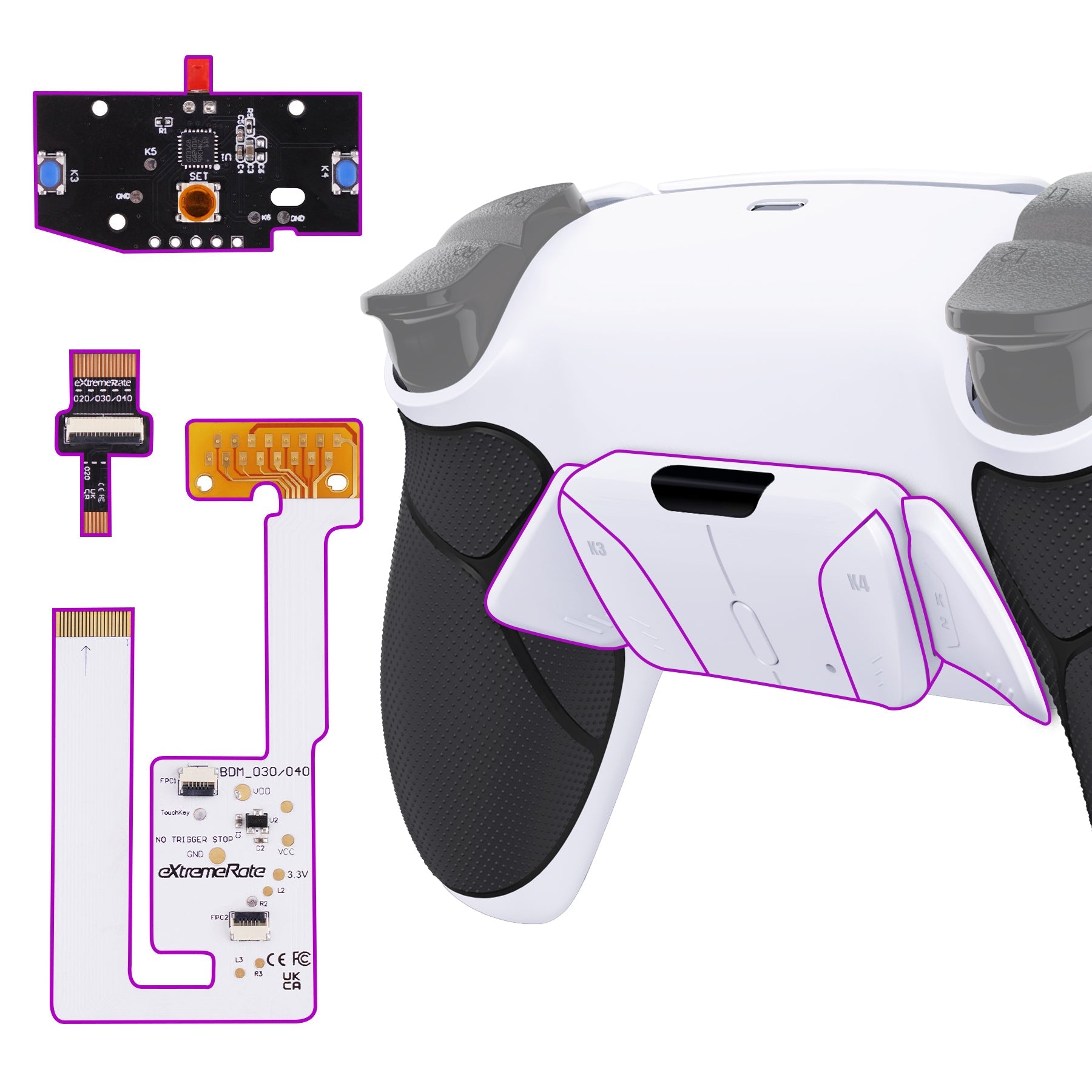 eXtremeRate Remappable RISE4 V4 Remap Kit for PS5 Controller BDM-030/040/050/060 - Rubberized White Black- White eXtremeRate