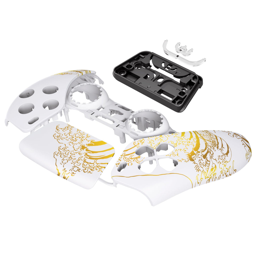 eXtremeRate Replacement Front Housing Shell with Touchpad Compatible with PS5 Controller BDM-010/020/030/040/050/060 - The Great GOLDEN Wave Off Kanagawa - White eXtremeRate