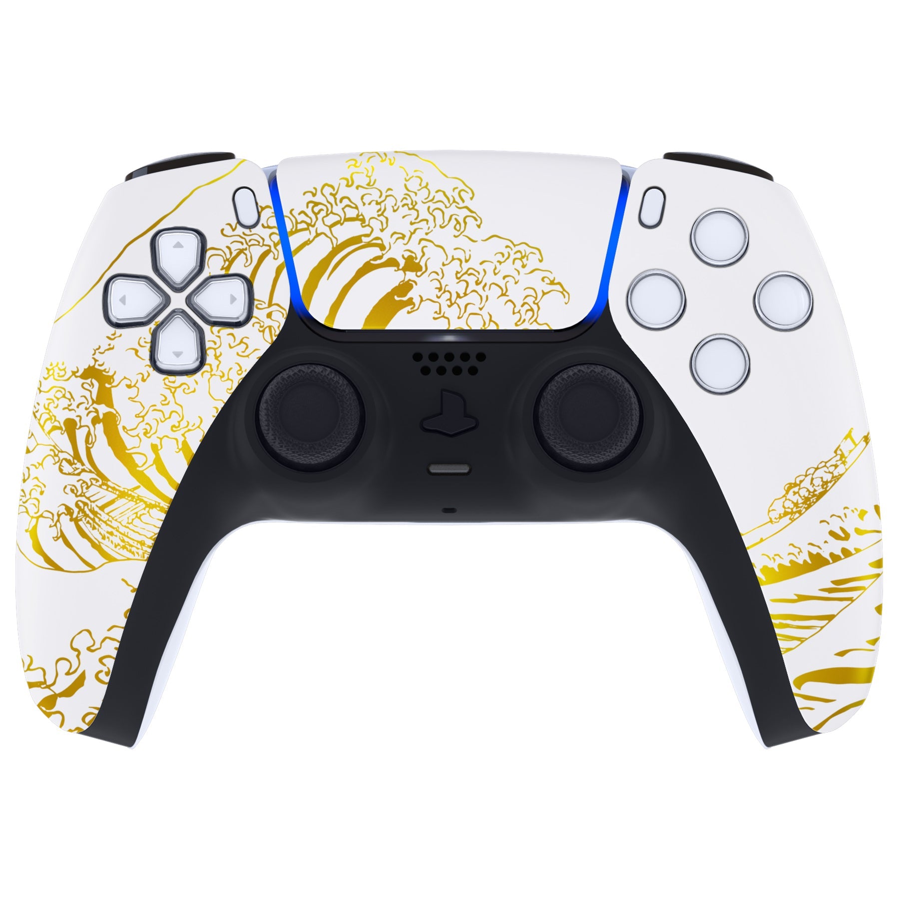 eXtremeRate Replacement Front Housing Shell with Touchpad Compatible with PS5 Controller BDM-010/020/030/040/050/060 - The Great GOLDEN Wave Off Kanagawa - White eXtremeRate
