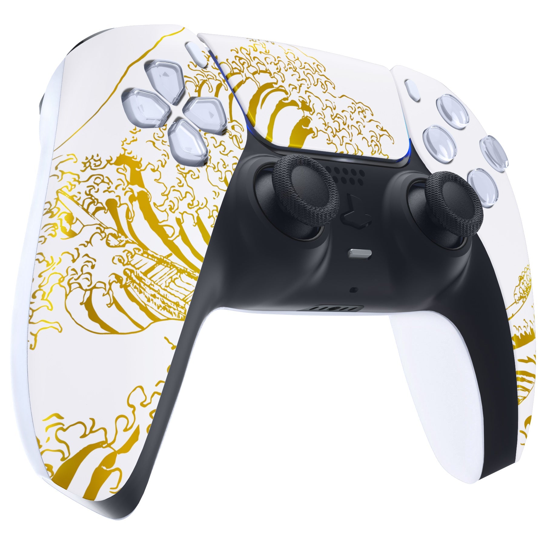 eXtremeRate Replacement Front Housing Shell with Touchpad Compatible with PS5 Controller BDM-010/020/030/040/050/060 - The Great GOLDEN Wave Off Kanagawa - White eXtremeRate