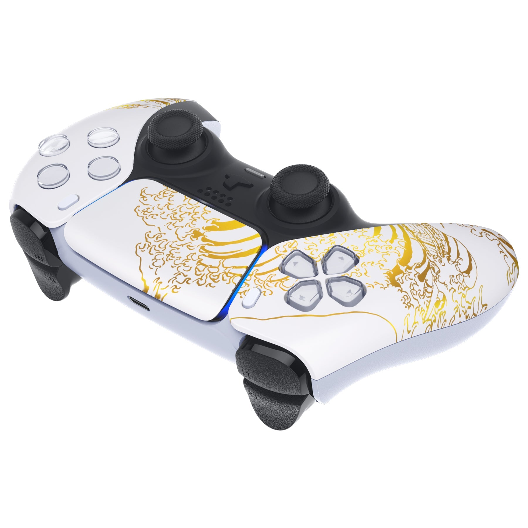 eXtremeRate Replacement Front Housing Shell with Touchpad Compatible with PS5 Controller BDM-010/020/030/040/050/060 - The Great GOLDEN Wave Off Kanagawa - White eXtremeRate