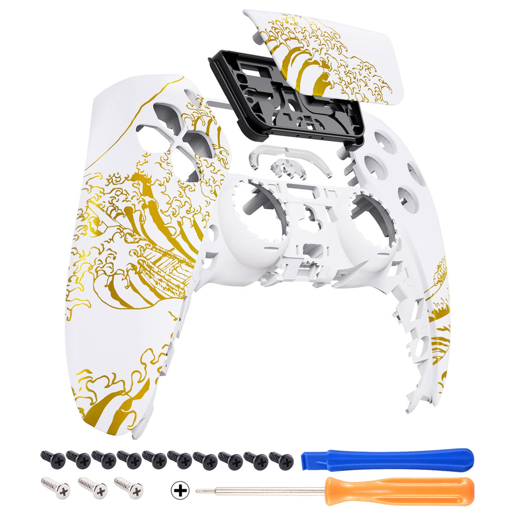 eXtremeRate Replacement Front Housing Shell with Touchpad Compatible with PS5 Controller BDM-010/020/030/040/050/060 - The Great GOLDEN Wave Off Kanagawa - White eXtremeRate