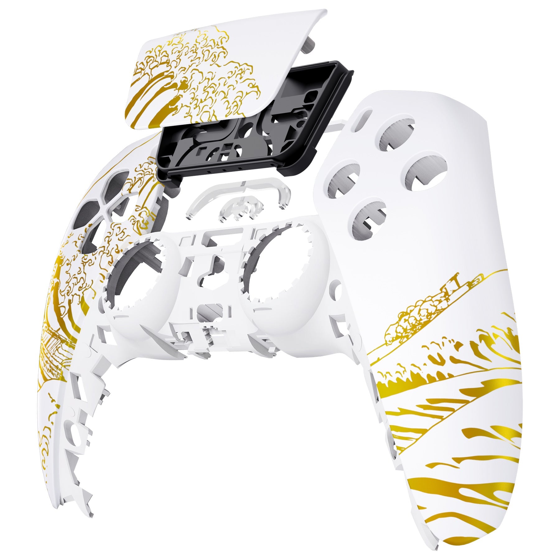 eXtremeRate Replacement Front Housing Shell with Touchpad Compatible with PS5 Controller BDM-010/020/030/040/050/060 - The Great GOLDEN Wave Off Kanagawa - White eXtremeRate