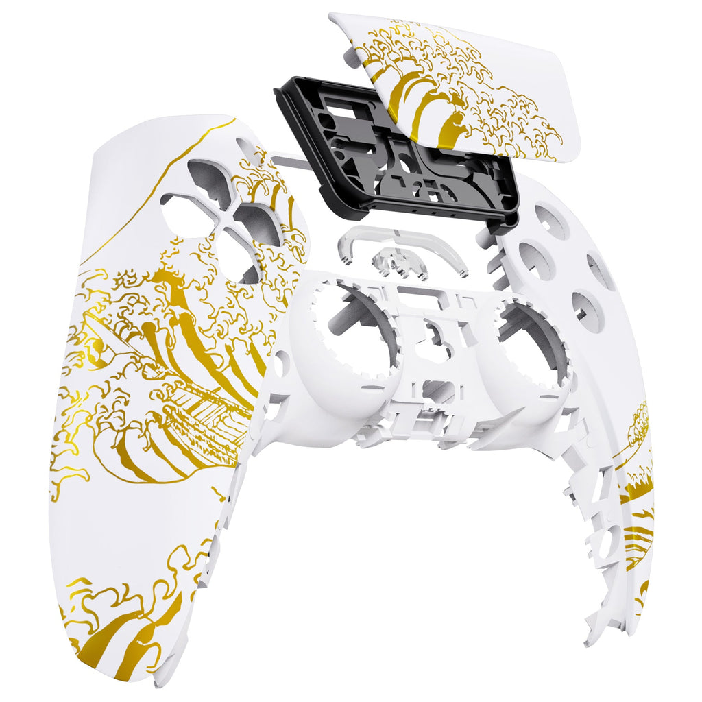 eXtremeRate Replacement Front Housing Shell with Touchpad Compatible with PS5 Controller BDM-010/020/030/040/050/060 - The Great GOLDEN Wave Off Kanagawa - White eXtremeRate