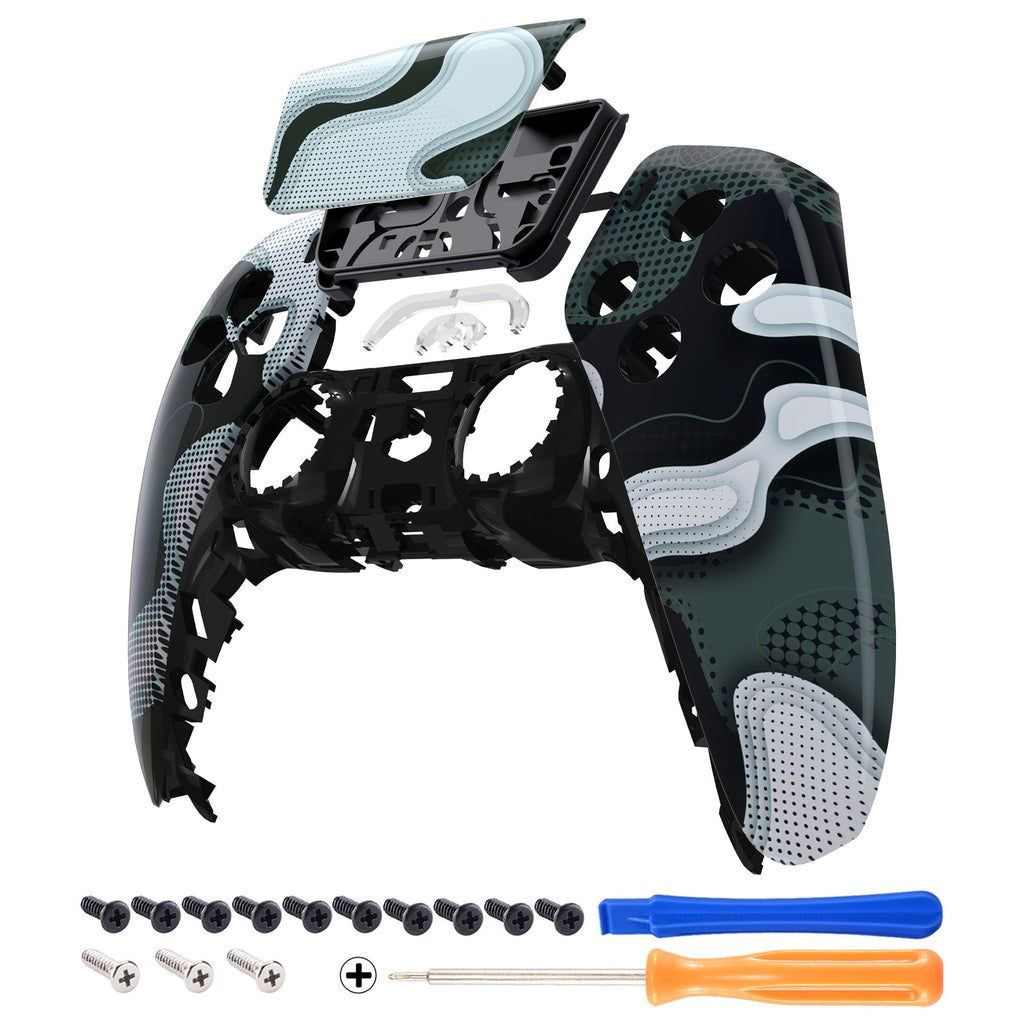 eXtremeRate Replacement Front Housing Shell with Touchpad Compatible with PS5 Controller BDM-010/020/030/040/050 - Black White Camouflage eXtremeRate