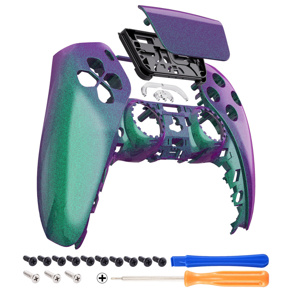 eXtremeRate Replacement Front Housing Shell with Touchpad Compatible with PS5 Controller BDM-010/020/030/040/050 - Chameleon Green Purple eXtremeRate