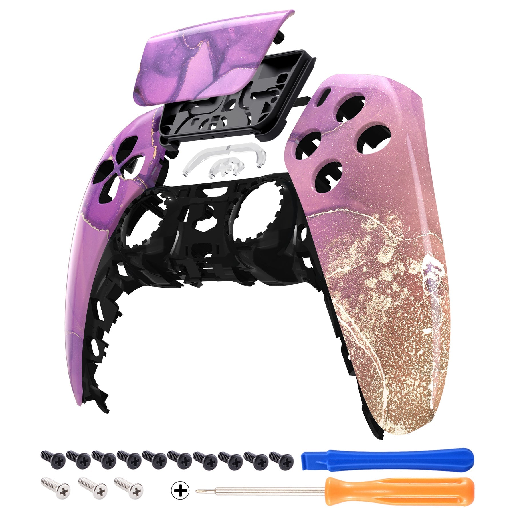 eXtremeRate Replacement Front Housing Shell with Touchpad Compatible with PS5 Controller BDM-010/020/030/040/050 - Cosmic Purple Gold Marble eXtremeRate
