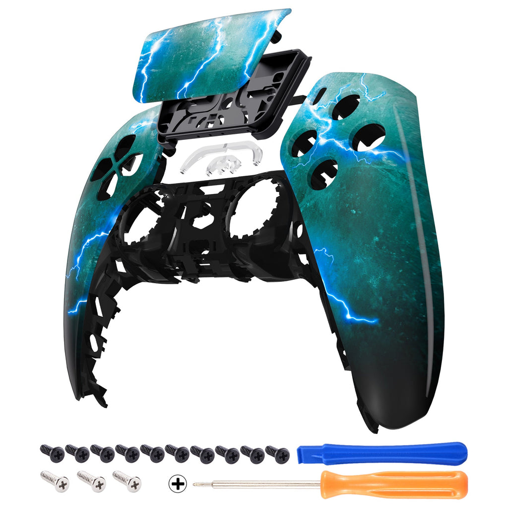 eXtremeRate Replacement Front Housing Shell with Touchpad Compatible with PS5 Controller BDM-010/020/030/040/050 - Green Storm Thunder eXtremeRate