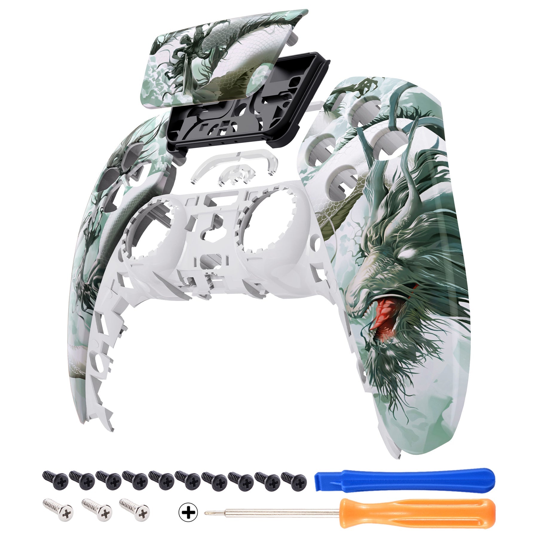 eXtremeRate Replacement Front Housing Shell with Touchpad Compatible with PS5 Controller BDM-010/020/030/040/050 - Jade Dragon - Cloud Dominator eXtremeRate