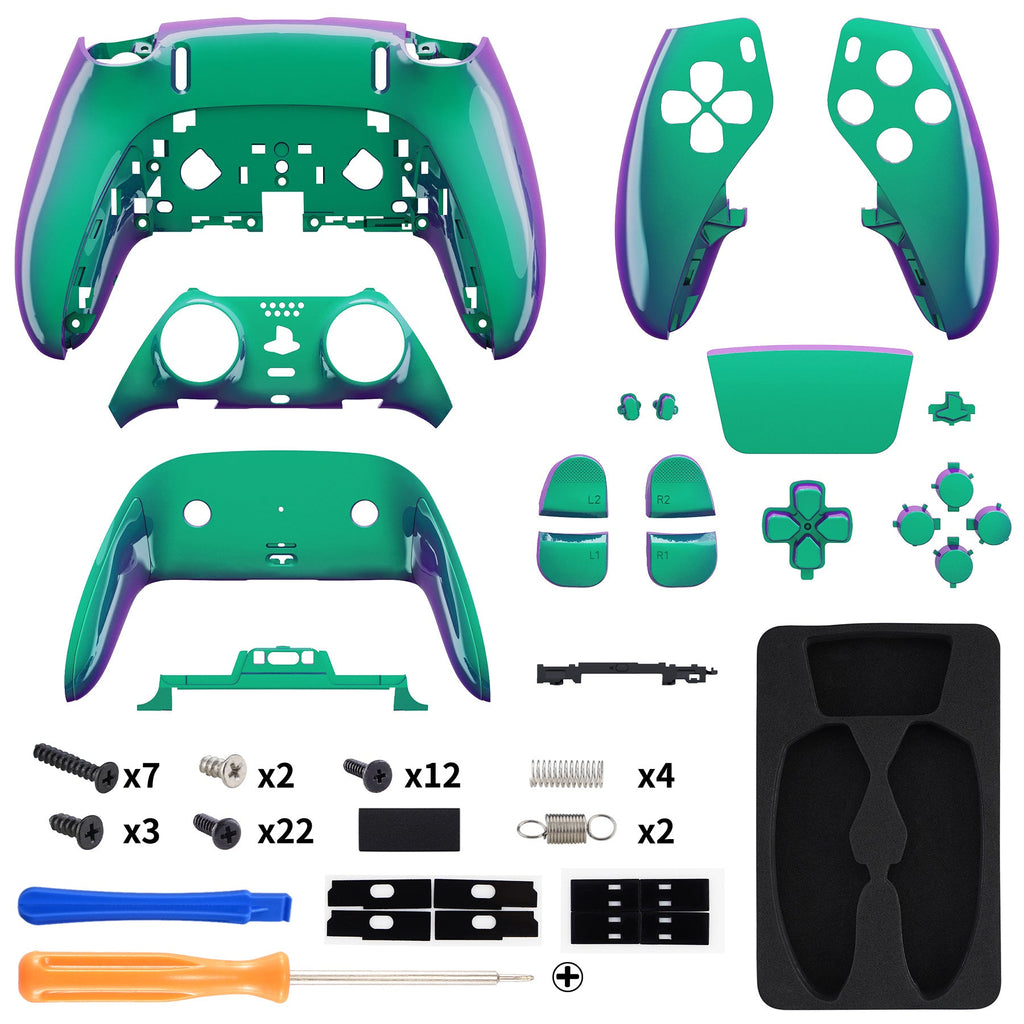 eXtremeRate Replacement Full Set Shells with Buttons Compatible with PS5 Edge Controller - Chameleon Green Purple eXtremeRate
