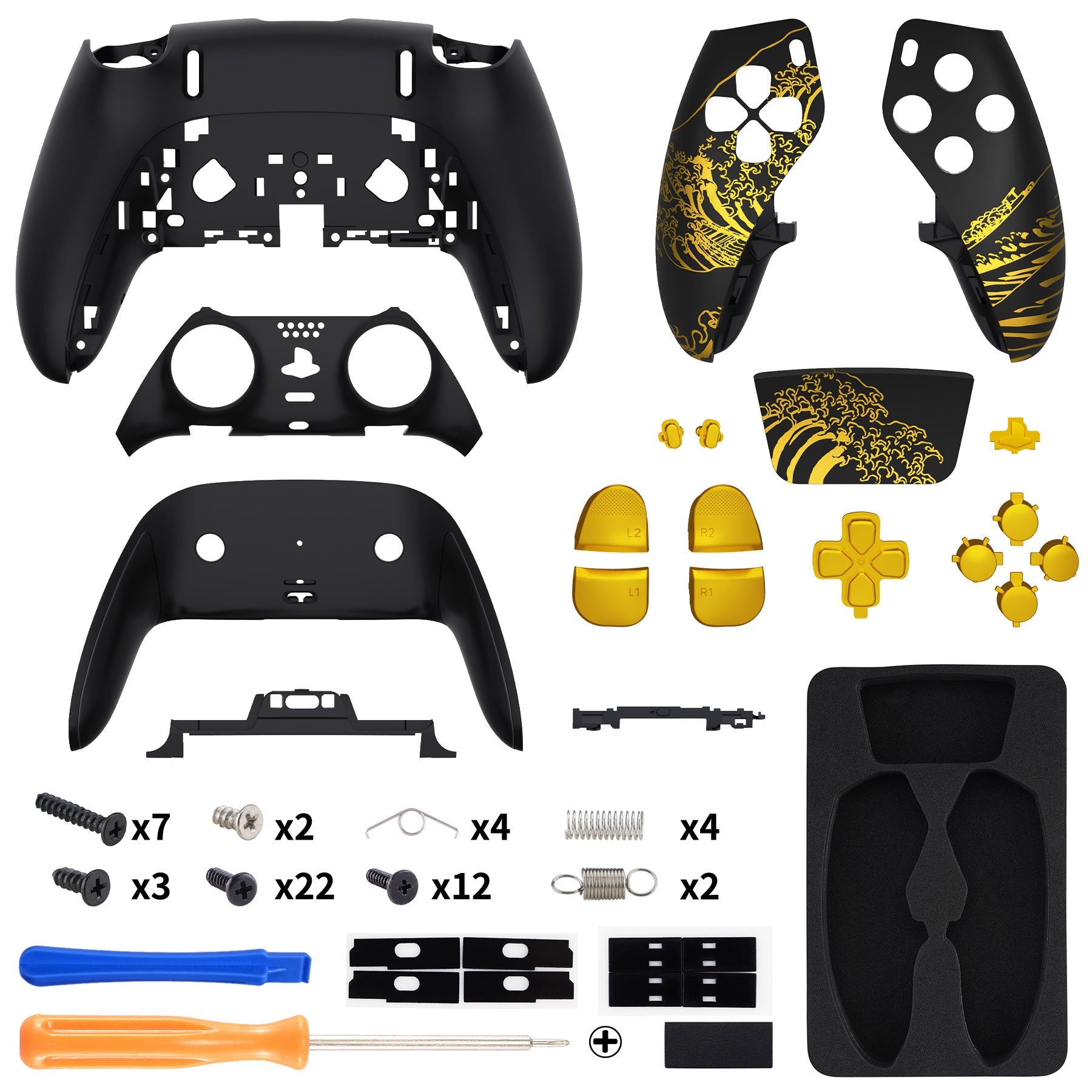 eXtremeRate Replacement Full Set Shells with Buttons Compatible with PS5 Edge Controller - The Great GOLDEN Wave Off Kanagawa - Black eXtremeRate