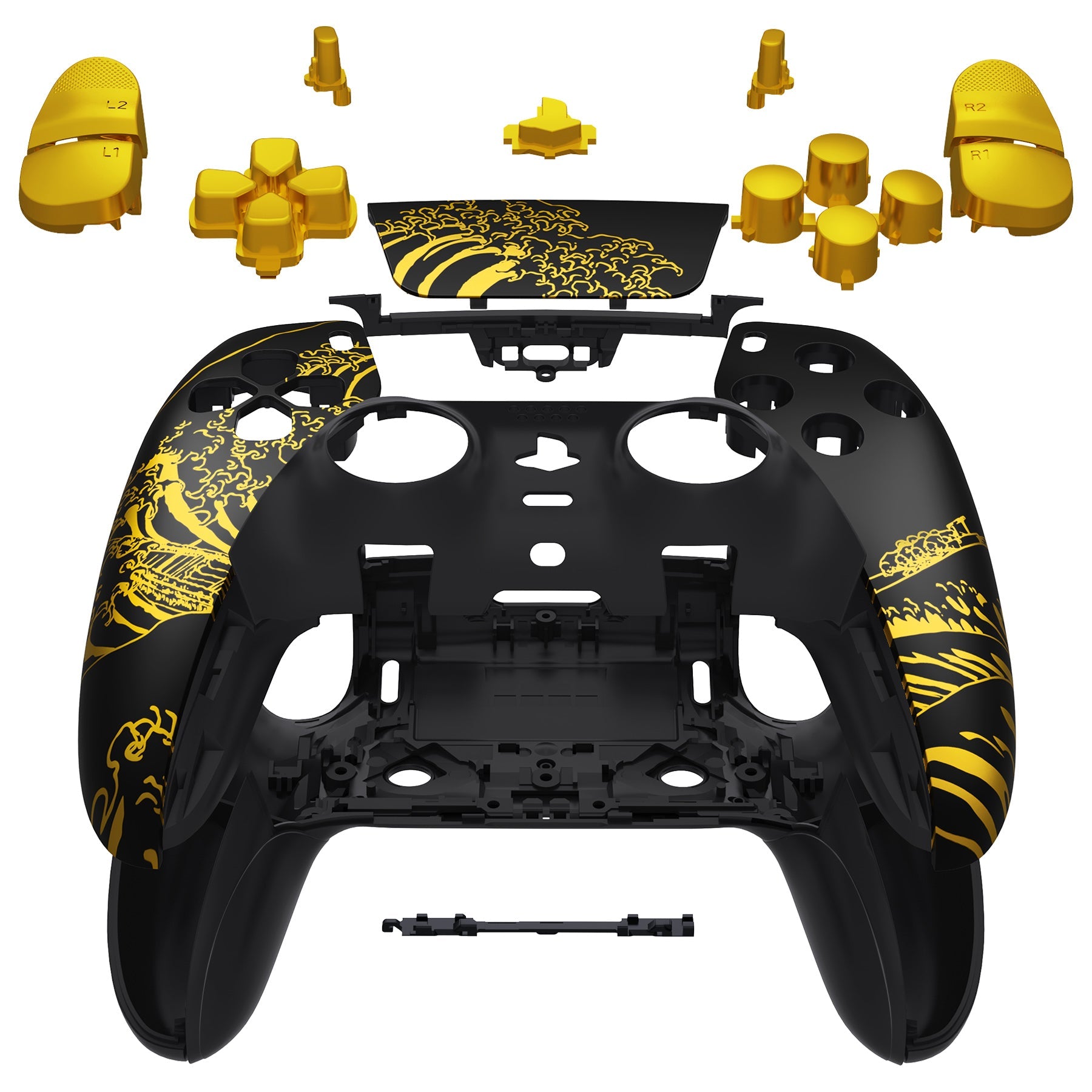 eXtremeRate Replacement Full Set Shells with Buttons Compatible with PS5 Edge Controller - The Great GOLDEN Wave Off Kanagawa - Black eXtremeRate