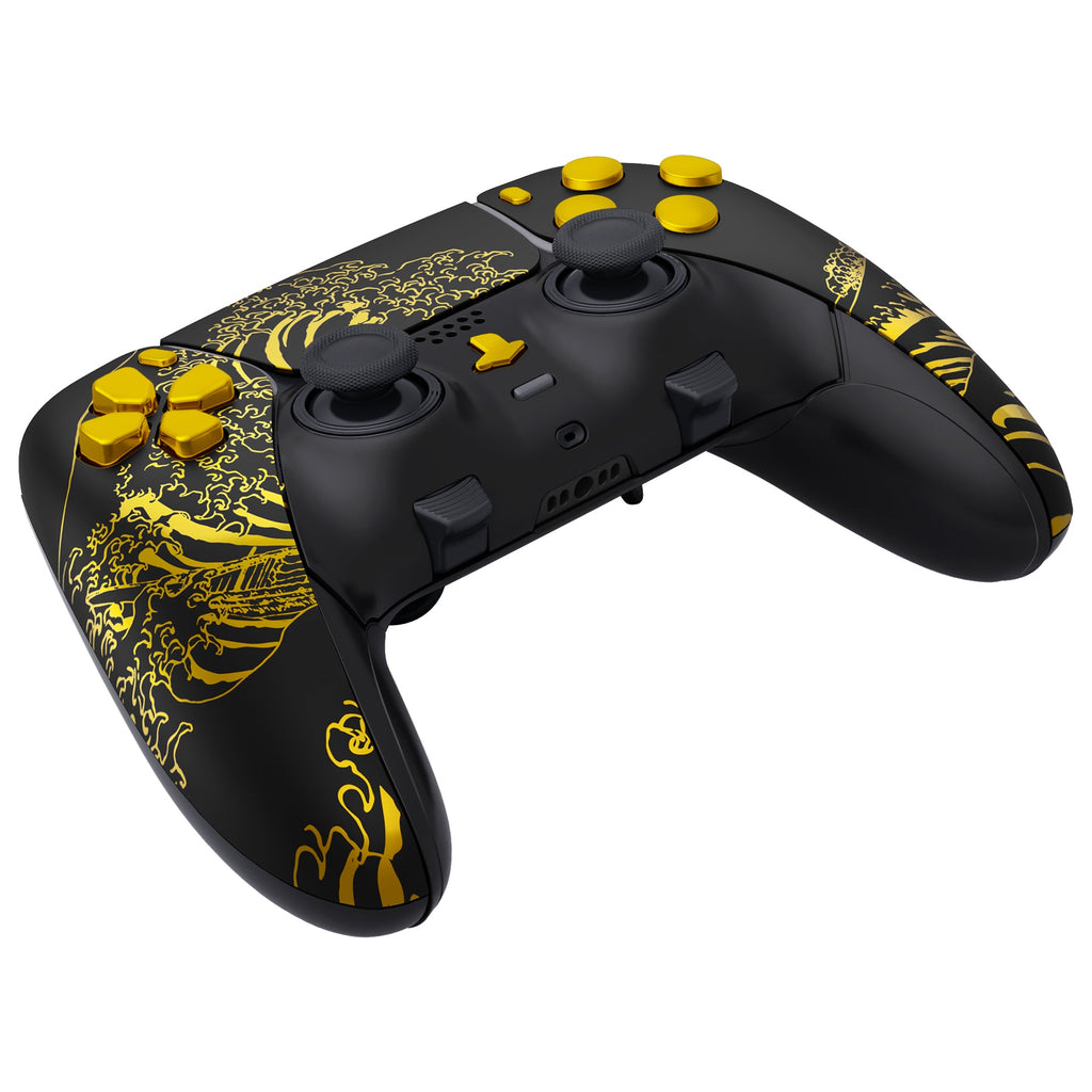 eXtremeRate Replacement Full Set Shells with Buttons Compatible with PS5 Edge Controller - The Great GOLDEN Wave Off Kanagawa - Black eXtremeRate