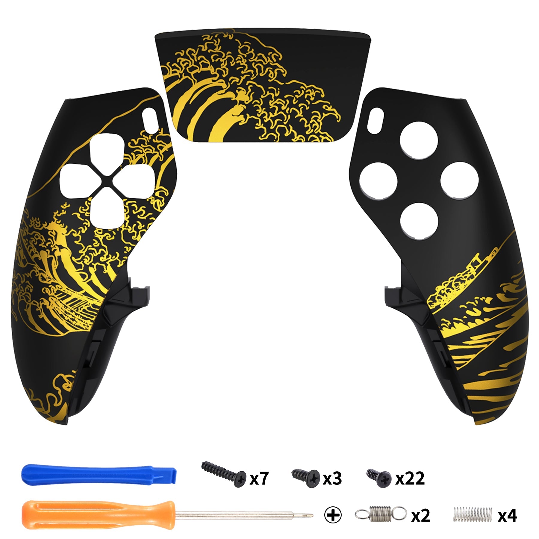 eXtremeRate Replacement Left Right Front Housing Shell with Touchpad Compatible with PS5 Edge Controller - The Great GOLDEN Wave Off Kanagawa - Black eXtremeRate