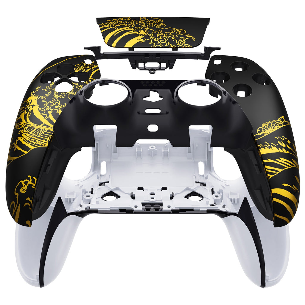 eXtremeRate Replacement Left Right Front Housing Shell with Touchpad Compatible with PS5 Edge Controller - The Great GOLDEN Wave Off Kanagawa - Black eXtremeRate