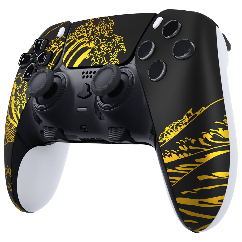 eXtremeRate Replacement Left Right Front Housing Shell with Touchpad Compatible with PS5 Edge Controller - The Great GOLDEN Wave Off Kanagawa - Black eXtremeRate