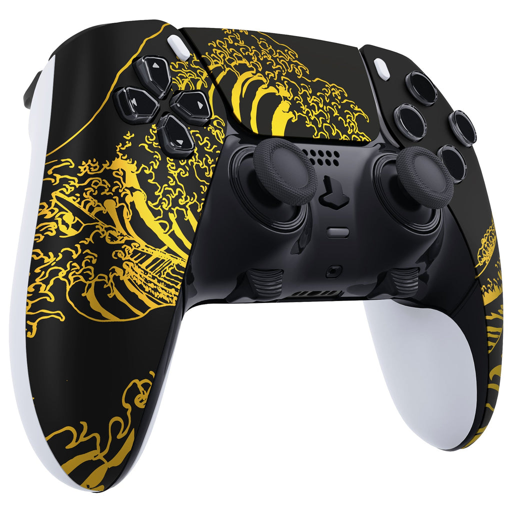 eXtremeRate Replacement Left Right Front Housing Shell with Touchpad Compatible with PS5 Edge Controller - The Great GOLDEN Wave Off Kanagawa - Black eXtremeRate