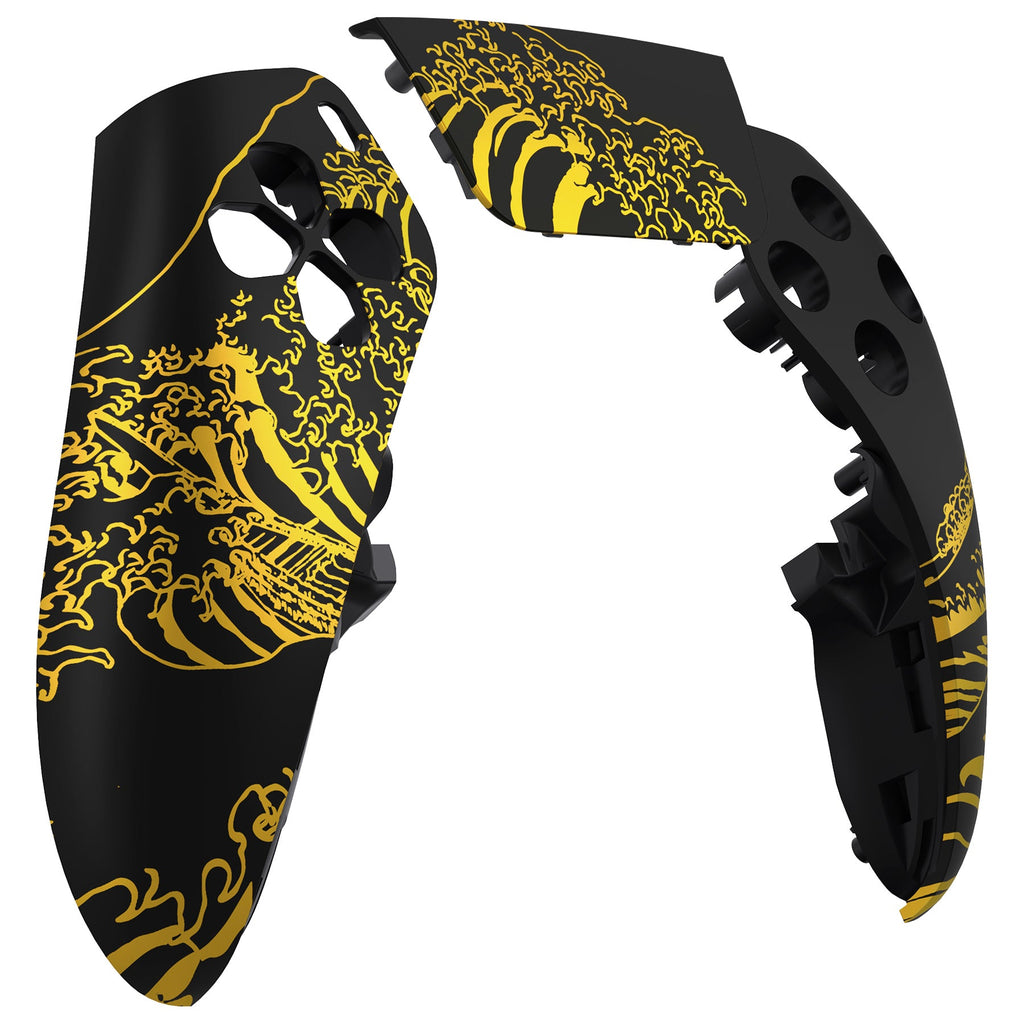 eXtremeRate Replacement Left Right Front Housing Shell with Touchpad Compatible with PS5 Edge Controller - The Great GOLDEN Wave Off Kanagawa - Black eXtremeRate