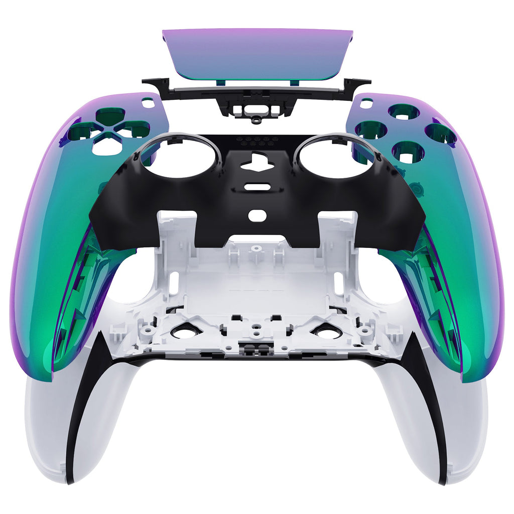 eXtremeRate Replacement Left Right Front Housing Shell with Touchpad Compatible with PS5 Edge Controller - Chameleon Green Purple eXtremeRate