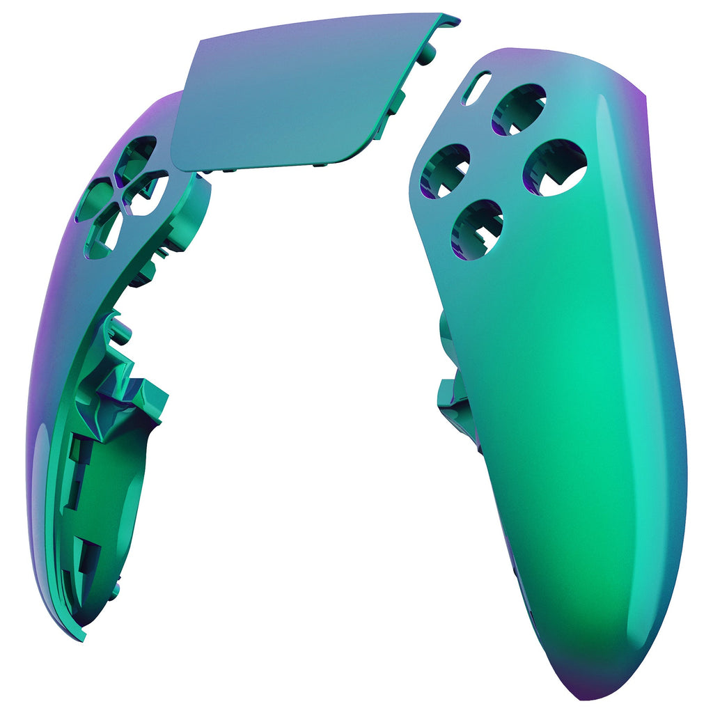 eXtremeRate Replacement Left Right Front Housing Shell with Touchpad Compatible with PS5 Edge Controller - Chameleon Green Purple eXtremeRate