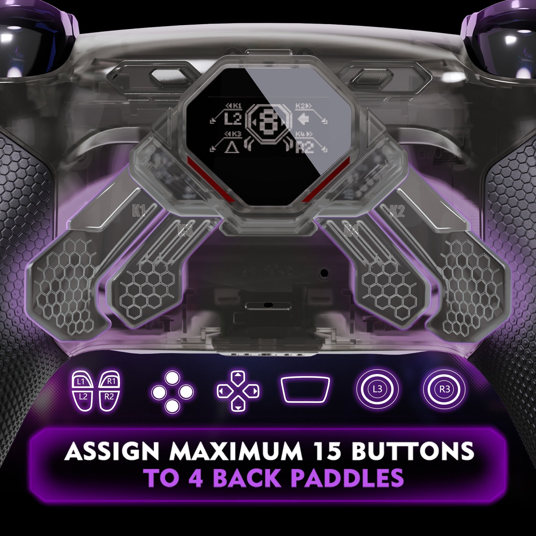eXtremeRate SPARK Back Paddles Kit with OLED Display & Clicky Trigger Stops & Ergonomic Grips for PS5 Controller BDM-010/020 - Rubberized Clear & Black eXtremeRate