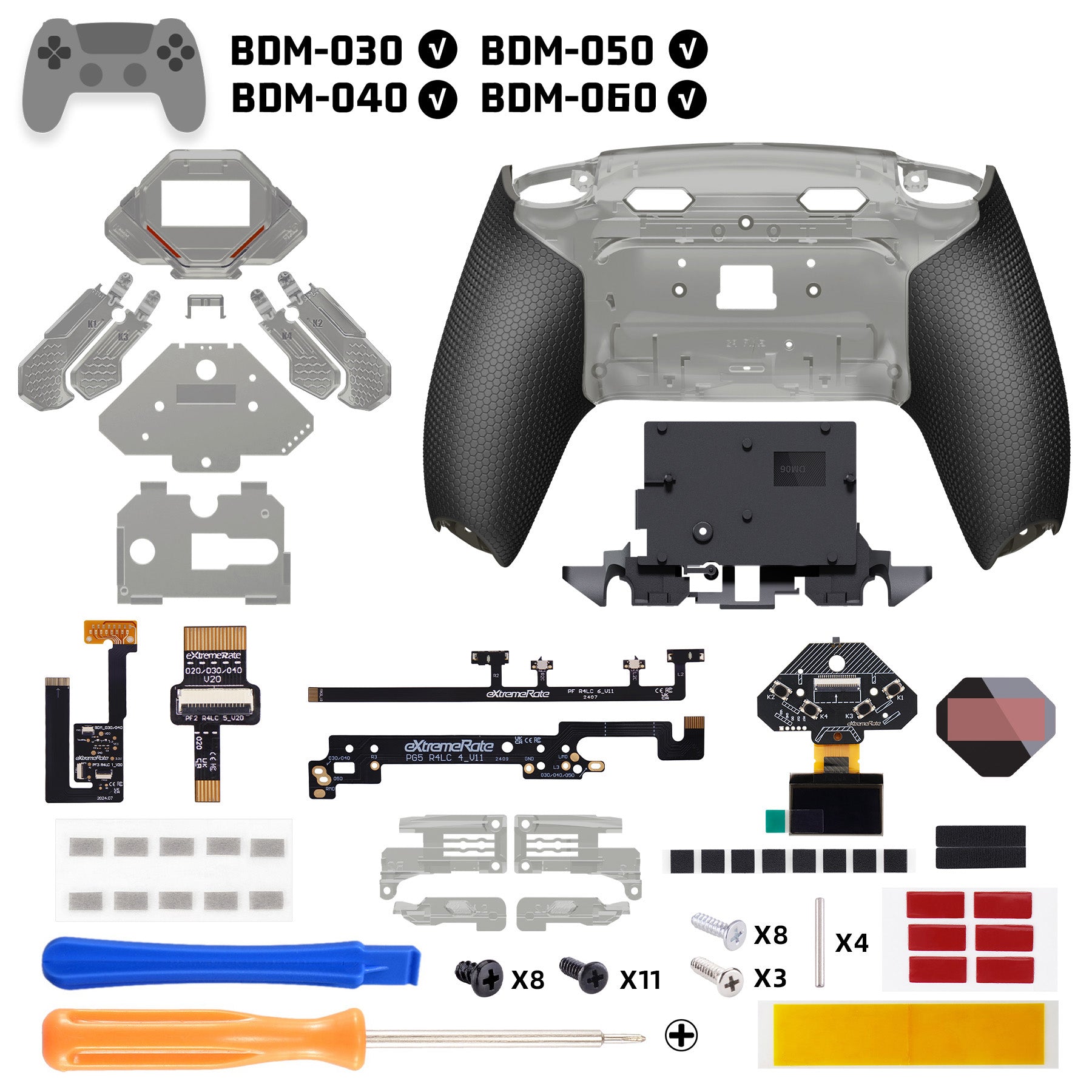 eXtremeRate SPARK Back Paddles Kit with OLED Display & Clicky Trigger Stops & Ergonomic Grips for PS5 Controller BDM-030/040/050/060 - Rubberized Clear Black eXtremeRate