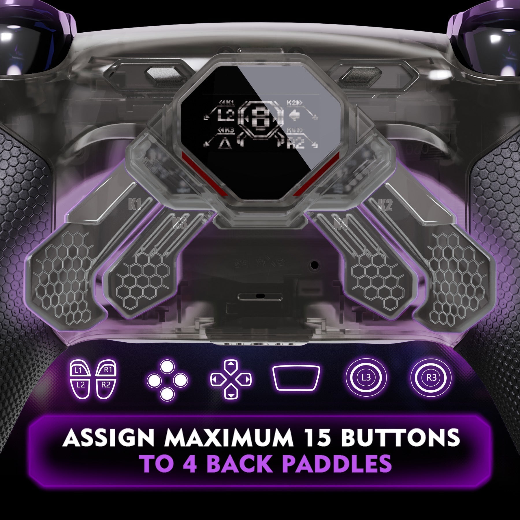 eXtremeRate SPARK Back Paddles Kit with OLED Display & Clicky Trigger Stops & Ergonomic Grips for PS5 Controller BDM-030/040/050/060 - Rubberized Clear Black eXtremeRate