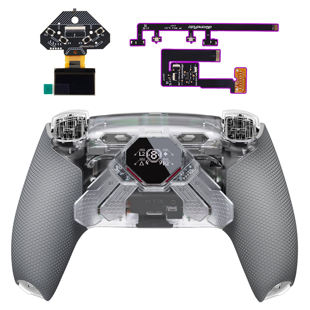 eXtremeRate SPARK Back Paddles Kit with OLED Display & Clicky Trigger Stops & Ergonomic Grips for PS5 Controller BDM-030/040/050/060 - Rubberized Clear & Gray eXtremeRate