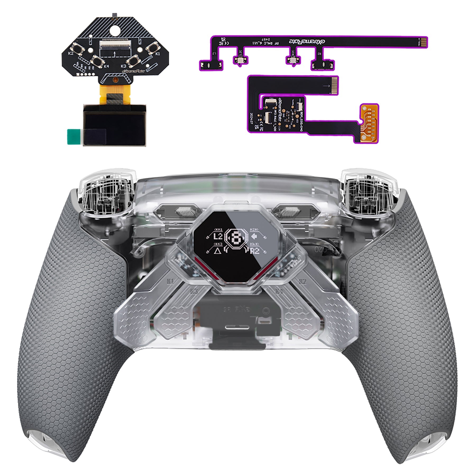 eXtremeRate SPARK Back Paddles Kit with OLED Display & Clicky Trigger Stops & Ergonomic Grips for PS5 Controller BDM-030/040/050/060 - Rubberized Clear & Gray eXtremeRate