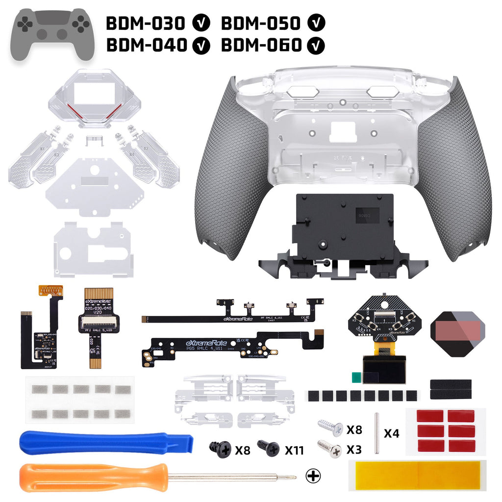 eXtremeRate SPARK Back Paddles Kit with OLED Display & Clicky Trigger Stops & Ergonomic Grips for PS5 Controller BDM-030/040/050/060 - Rubberized Clear & Gray eXtremeRate